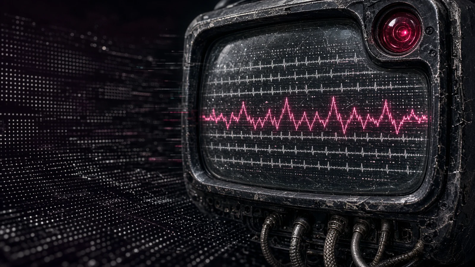A battered glass terminal with one raspberry eye amid dense automated signals
